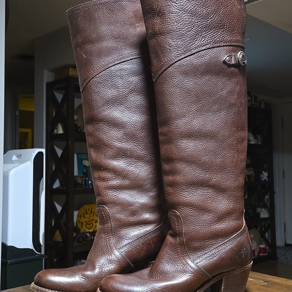 Frye Jane Fold Over Rich Brown Leather Boots Knee High Womens Size 7
